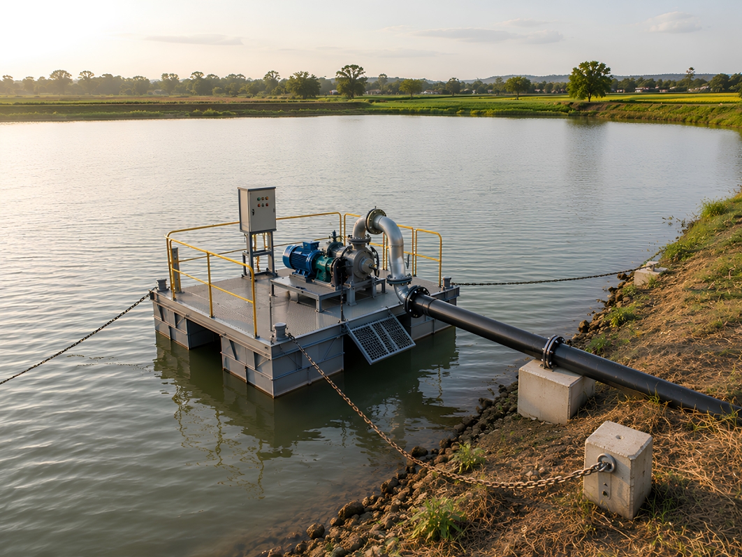 Agriculture pump pontoon with walkway and handrail system