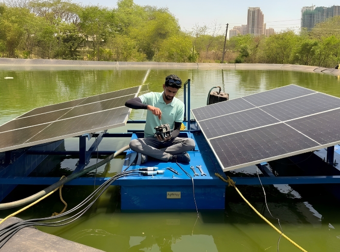 Floating solar pump platform on farm pond