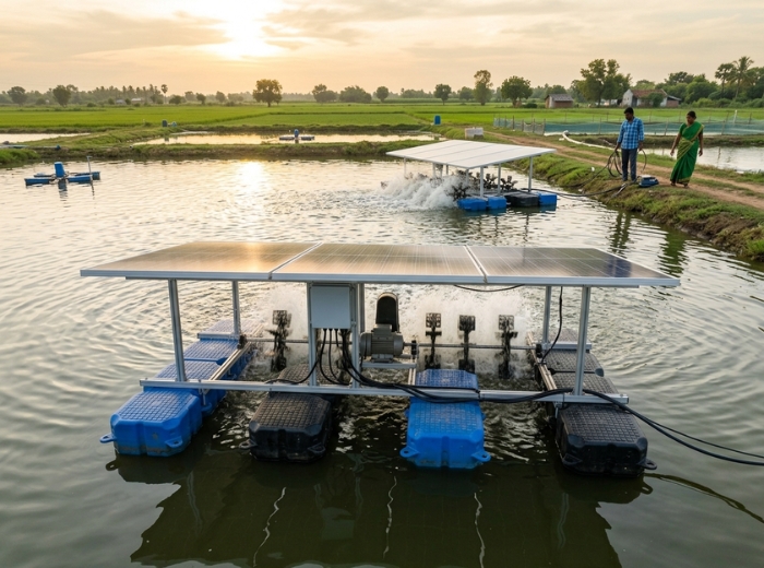 Solar aerator maintaining healthy dissolved oxygen in aquaculture pond