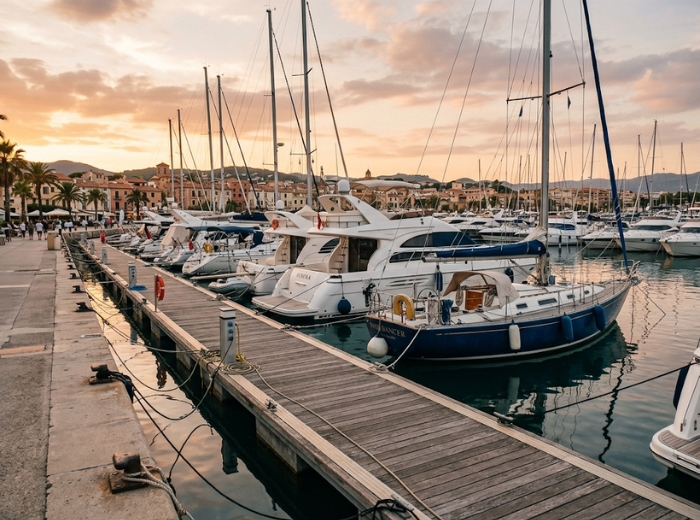 Floating marina berth system with docked yachts
